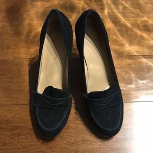 High heeled suede loafers
